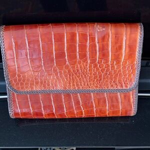 Brown Crocodile-Embossed  Clutch or Computer Bag
